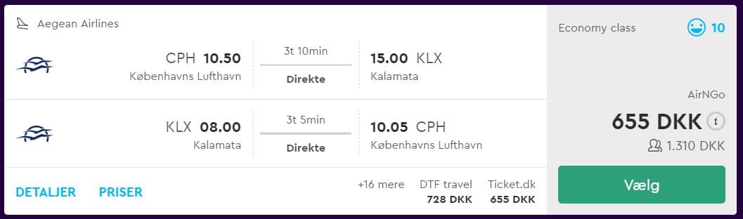 Fly fra København til Kalamata