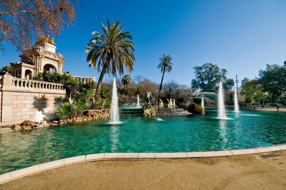 Vandbassin, springvand og palmer i Ciutadella-parken i Barcelona