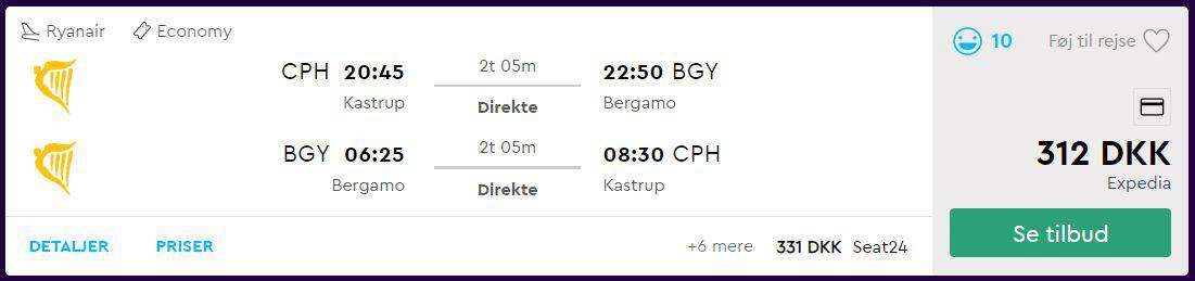 Fly fra København til Milano