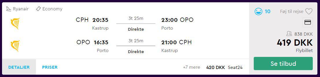 Screenshot af priser på flybilletter fra København til Porto (priser fra momondo.dk)