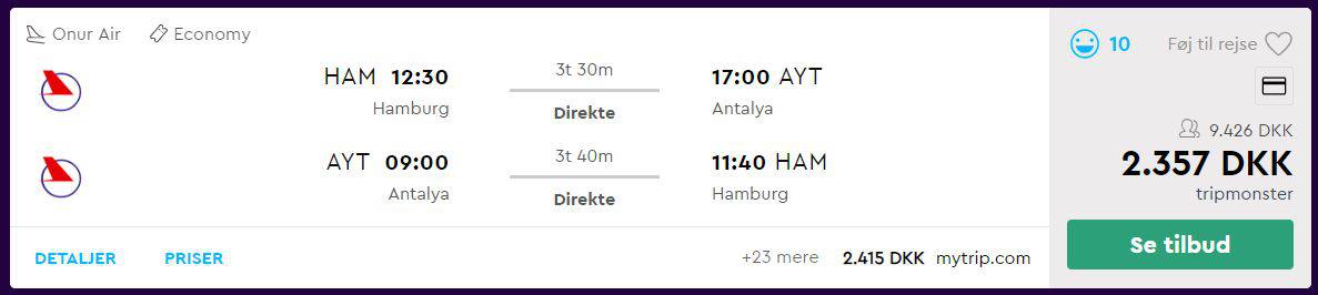 Flybilletter fra Hamborg til Antalya i Tyrkiet