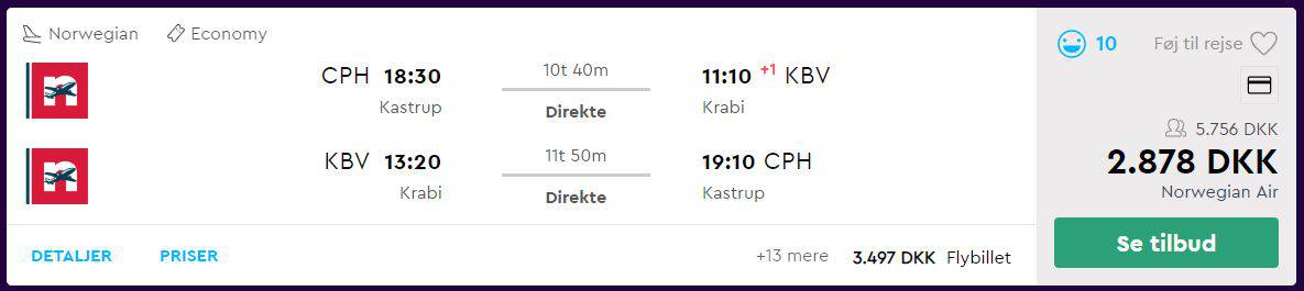 Flybilletter fra København til Krabi i Thailand