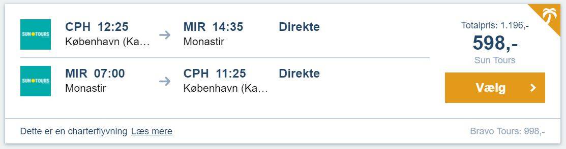 Flybilletter fra København til Monastir i Tunesien