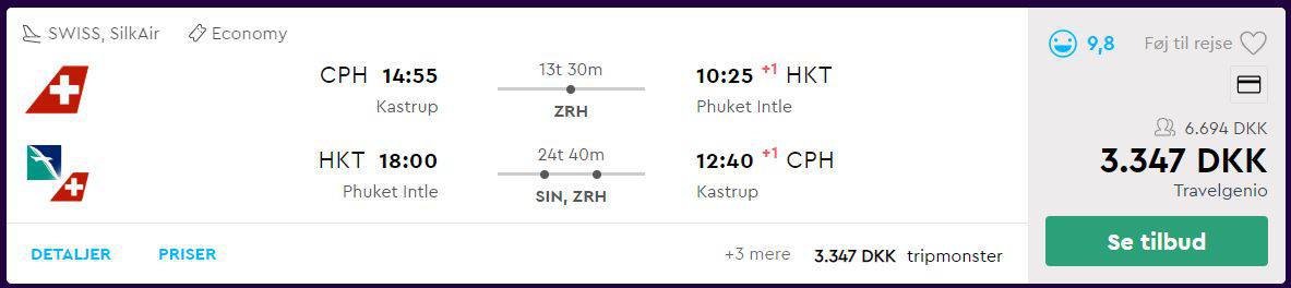 Flybilletter fra København til Phuket i Thailand