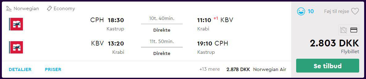 Fly fra København til Krabi i Thailand