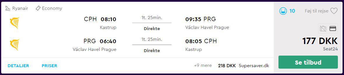 Tur/retur flybilletter til Prag