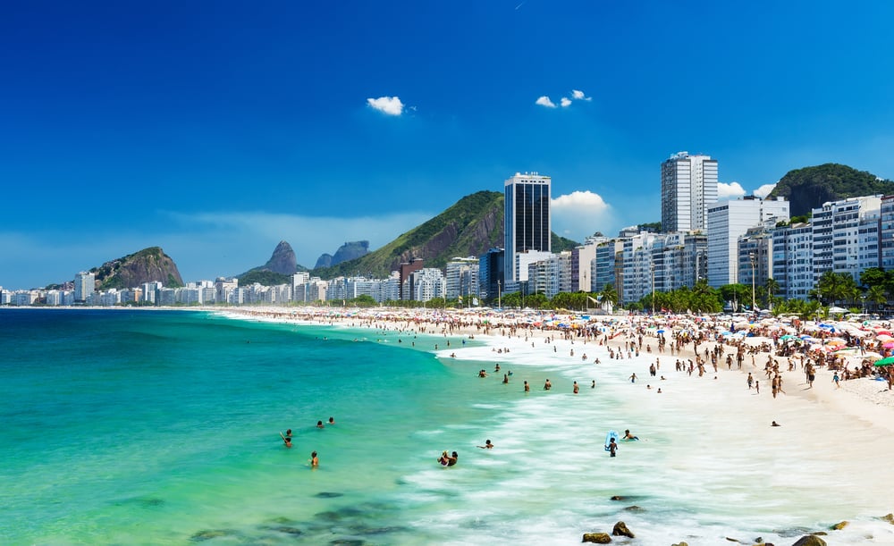 Copacabana stranden i Rio de Janeiro i Brasilien med højhuse i baggrunden